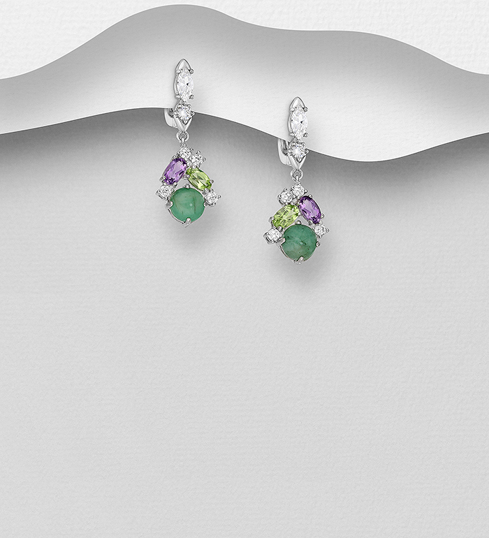 La Preciada - Wholesale 925 Sterling Silver Omega Lock Earrings, Decorated with Emerald, Amethyst, Peridot and CZ Simulated Diamonds - SKU #1181-4972