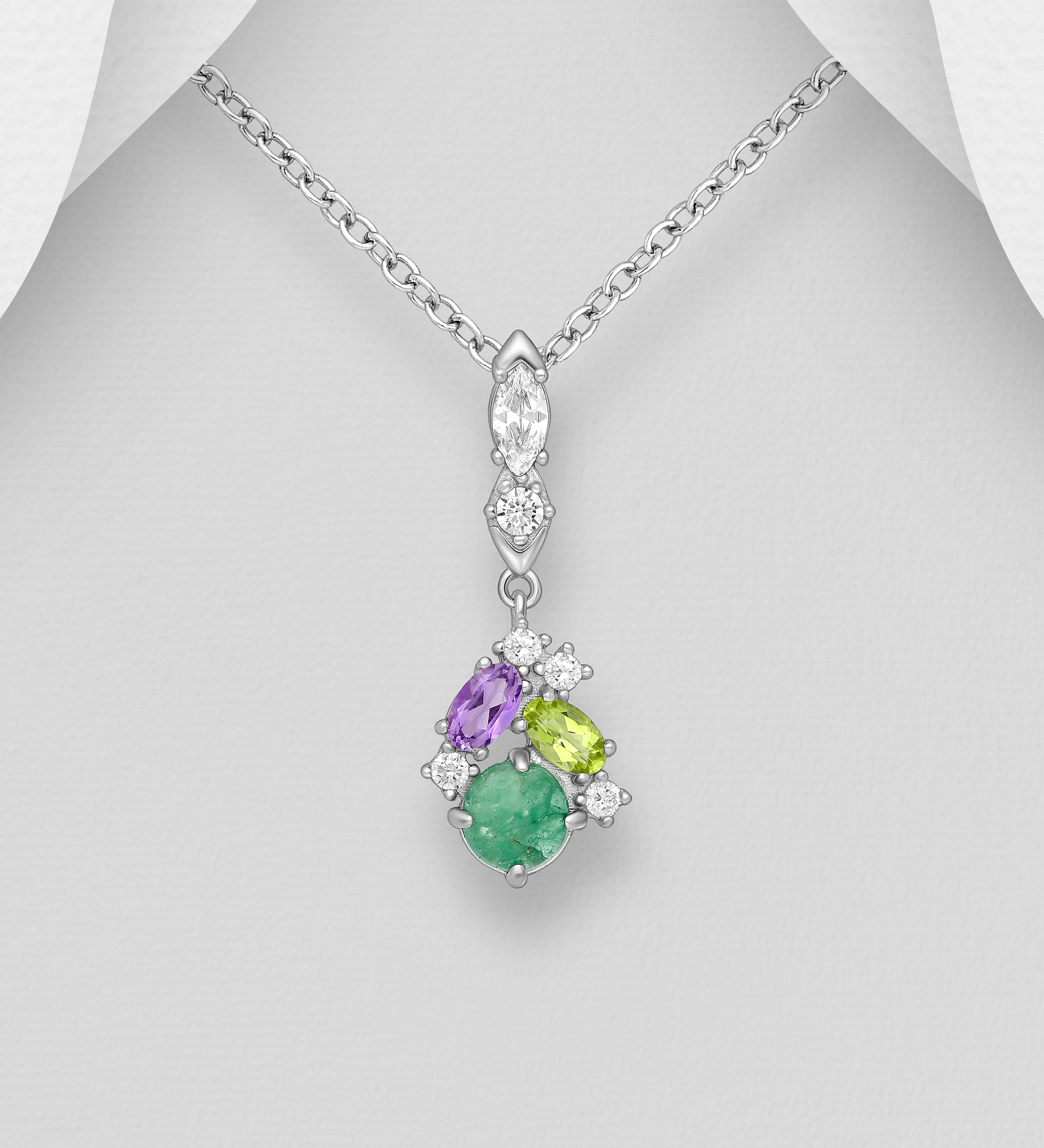 La Preciada - Wholesale 925 Sterling Silver Pendant, Decorated with Emerald, Amethyst, Peridot and CZ Simulated Diamonds - SKU #1181-4973
