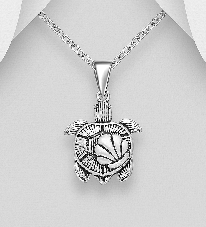 Wholesale 925 Sterling Silver Oxidized Shell and Turtle Pendant - SKU #706-38177