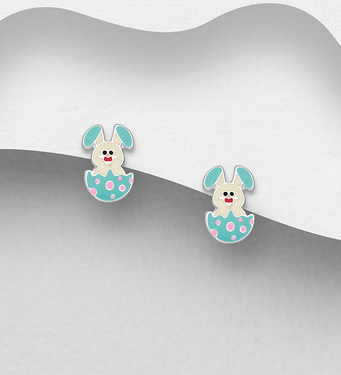 Wholesale 925 Sterling Silver Rabbit in the Egg Push-Back Earrings, Decorated with Colored Enamel - SKU #706-38185