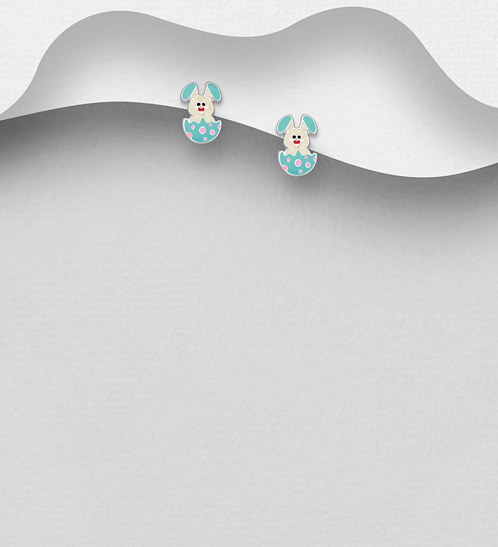 Wholesale 925 Sterling Silver Rabbit in the Egg Push-Back Earrings, Decorated with Colored Enamel - SKU #706-38185
