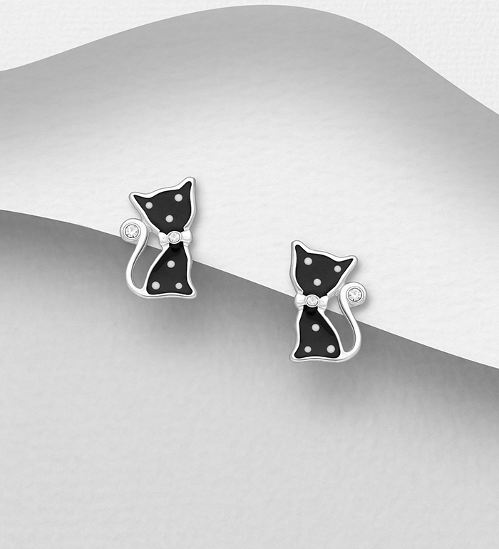 Wholesale 925 Sterling Silver Cat Push-Back Earrings, Decorated with Colored Enamel and Crystal Glass - SKU #578-2873