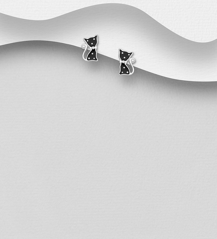 Wholesale 925 Sterling Silver Cat Push-Back Earrings, Decorated with Colored Enamel and Crystal Glass - SKU #578-2873