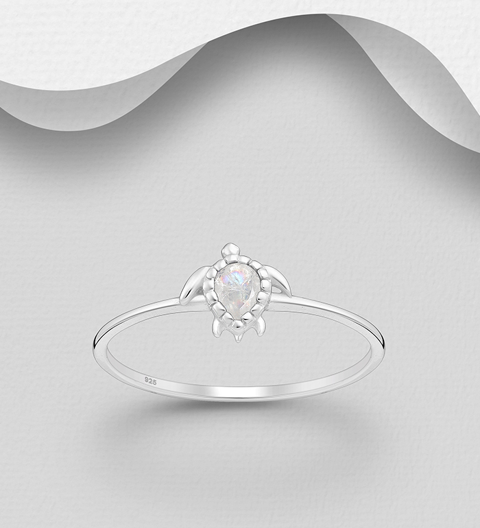 Wholesale 925 Sterling Silver Turtle Ring, Decorated with Rainbow Moonstone - SKU #1063-4515A