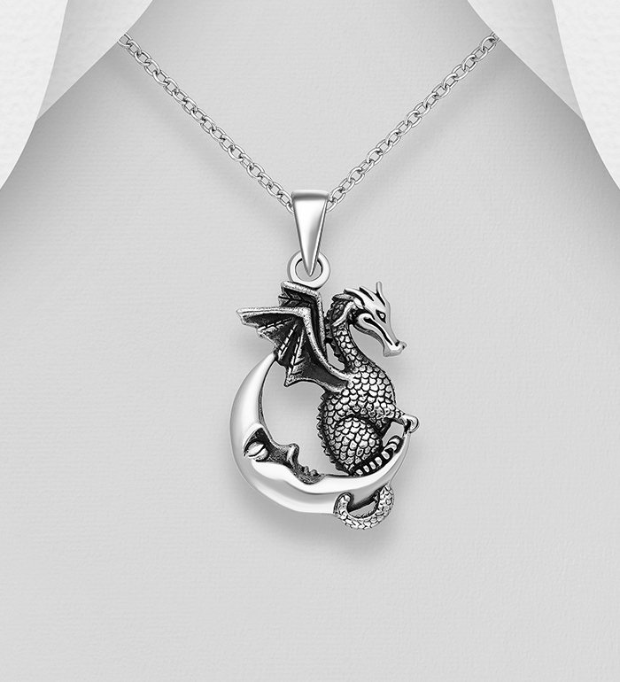 Wholesale 925 Sterling Silver Oxidized Dragon and Moon Pendant - SKU #1563-1464