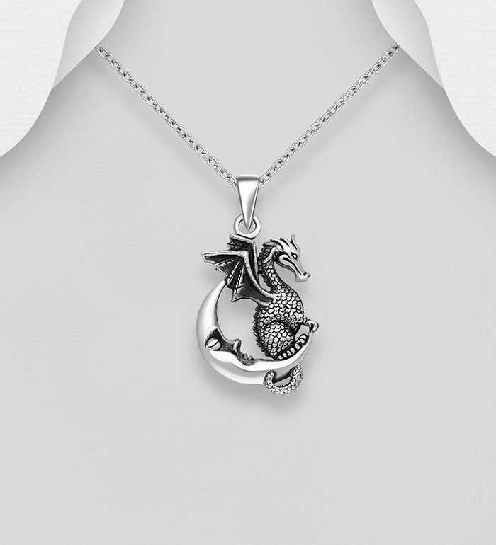 Wholesale 925 Sterling Silver Oxidized Dragon and Moon Pendant - SKU #1563-1464
