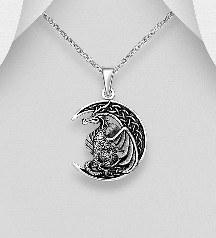 Wholesale 925 Sterling Silver Oxidized Celtic Moon and Dragon Pendant - SKU #767-1893