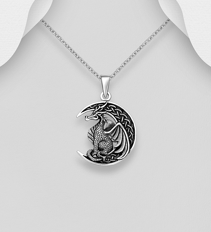 Wholesale 925 Sterling Silver Oxidized Celtic Moon and Dragon Pendant - SKU #767-1893
