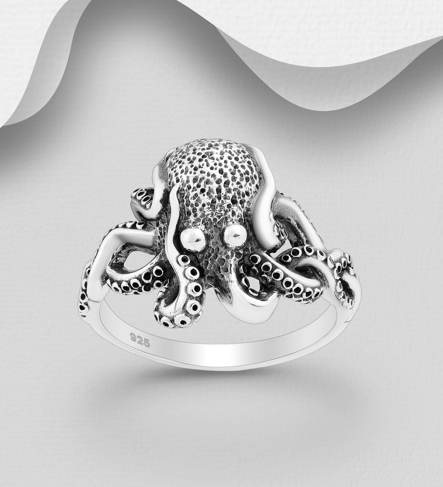 Wholesale 925 Sterling Silver Oxidized Octopus Ring - SKU #706-38258