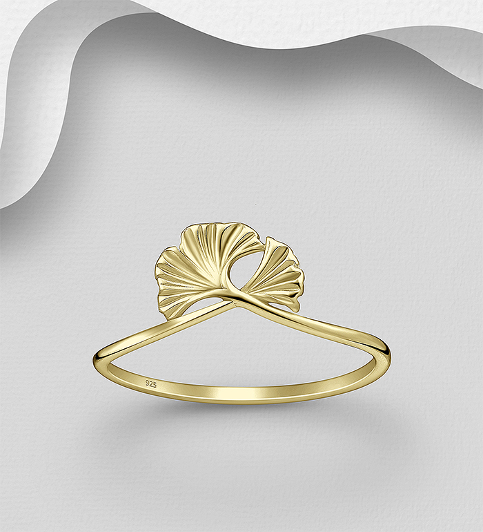 Wholesale 925 Sterling Silver Ginkgo Leaf Ring,  and Plated with 1 Micron 14K Yellow Gold - SKU #1063-4393A