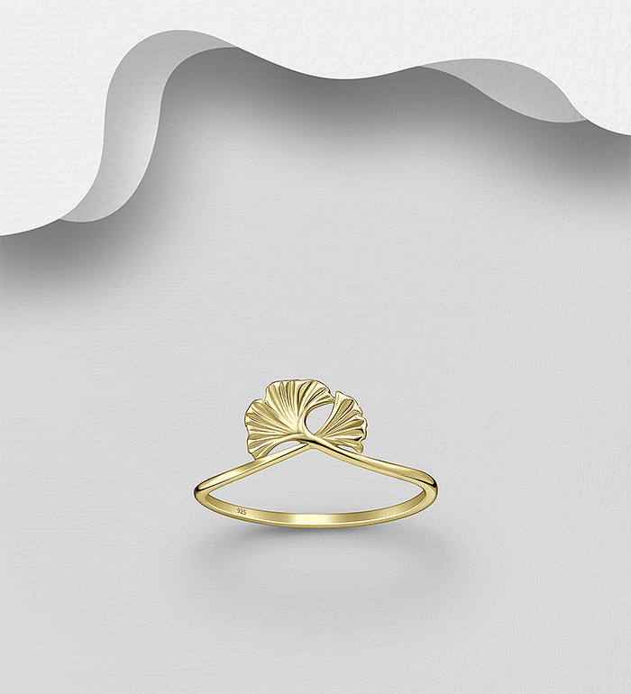 Wholesale 925 Sterling Silver Ginkgo Leaf Ring,  and Plated with 1 Micron 14K Yellow Gold - SKU #1063-4393A