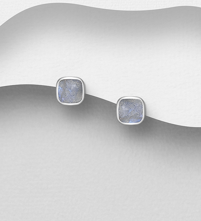 Wholesale 925 Sterling Silver 6 mm Square Push-Back Earrings, Decorated with Various Gemstones - SKU #781-7760