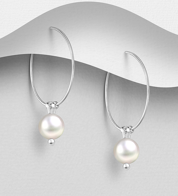 Wholesale 925 Sterling Silver Hoop Earrings, Beaded with Freshwater Pearls - SKU #382-6500