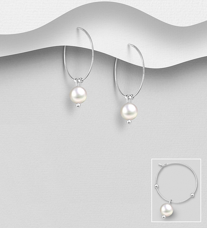 Wholesale 925 Sterling Silver Hoop Earrings, Beaded with Freshwater Pearls - SKU #382-6500