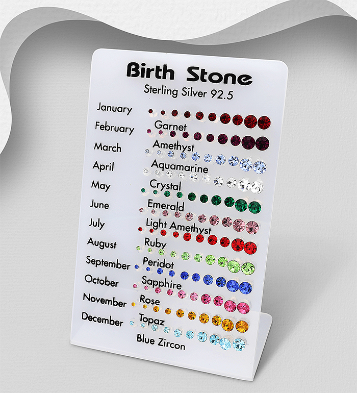 Wholesale 925 Sterling Silver Push-Back Earrings Set of 60 Pairs, Decorated with Various Colors of Crystal Glass. Comes with Display. - SKU #578-2880
