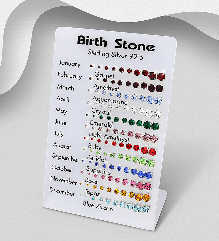 Wholesale 925 Sterling Silver Push-Back Earrings Set of 60 Pairs, Decorated with Various Colors of Crystal Glass. Comes with Display. - SKU #578-2881