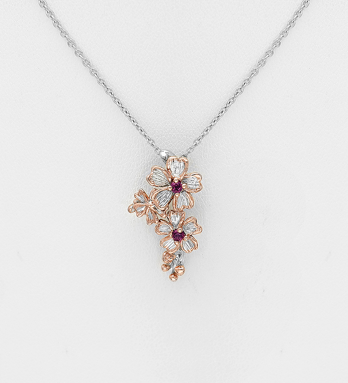 ADIORE JEWELS - Wholesale 925 Sterling Silver Flower Necklace, Decorated with Rhodolite, Plated with 3 Micron 22K Pink Gold - SKU #1916-530