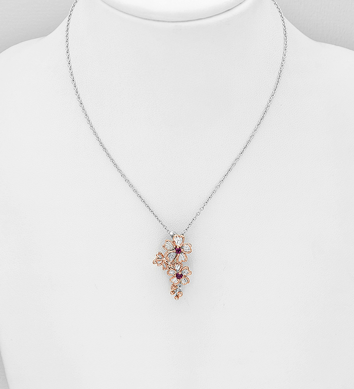 ADIORE JEWELS - Wholesale 925 Sterling Silver Flower Necklace, Decorated with Rhodolite, Plated with 3 Micron 22K Pink Gold - SKU #1916-530