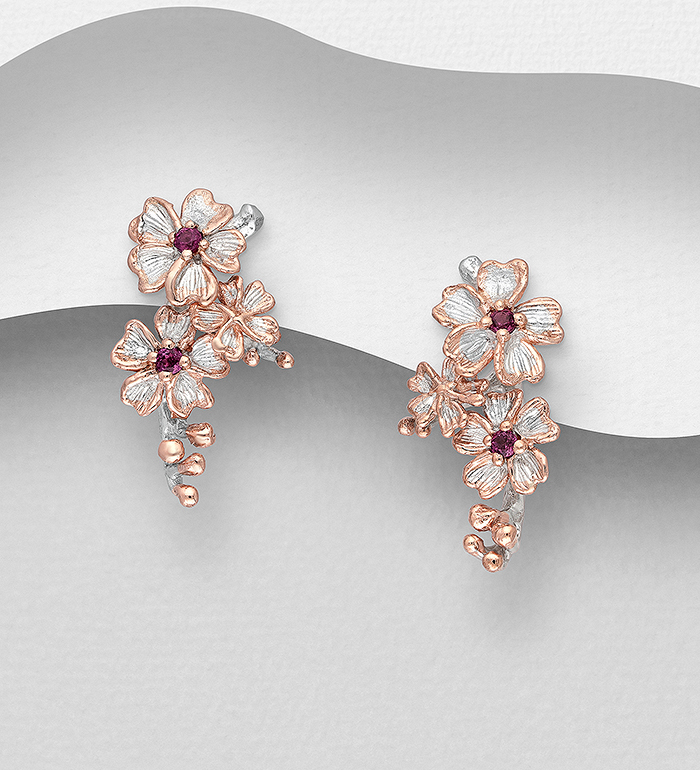 ADIORE JEWELS - Wholesale 925 Sterling Silver Flower Push-Back Earrings, Decorated with Rhodolite, Plated with 3 Micron 22K Pink Gold - SKU #1916-529