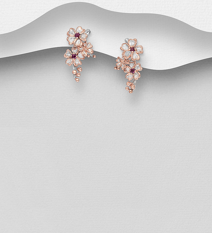 ADIORE JEWELS - Wholesale 925 Sterling Silver Flower Push-Back Earrings, Decorated with Rhodolite, Plated with 3 Micron 22K Pink Gold - SKU #1916-529