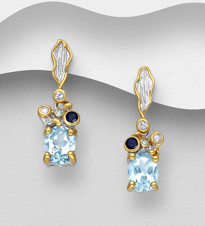 ADIORE JEWELS - Wholesale 925 Sterling Silver Push-Back Earrings, Decorated with Sky Blue Topaz and Blue Sapphire, Plated with 3 Micron 22K Yellow Gold - SKU #1916-531