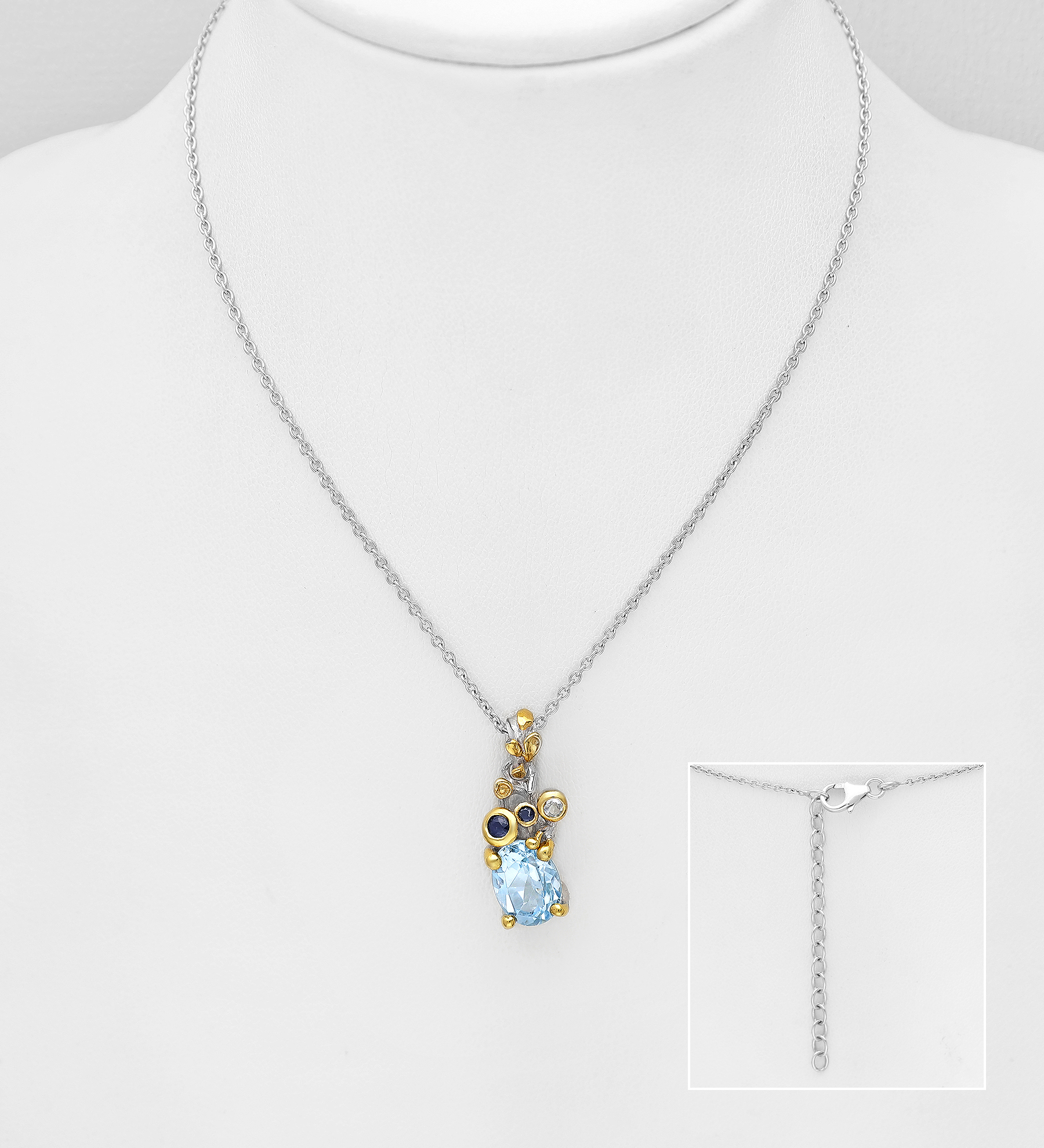 ADIORE JEWELS - Wholesale 925 Sterling Silver Necklace, Decorated with Sky Blue Topaz and Blue Sapphire, Plated with 3 Micron 22K Yellow Gold - SKU #1916-533