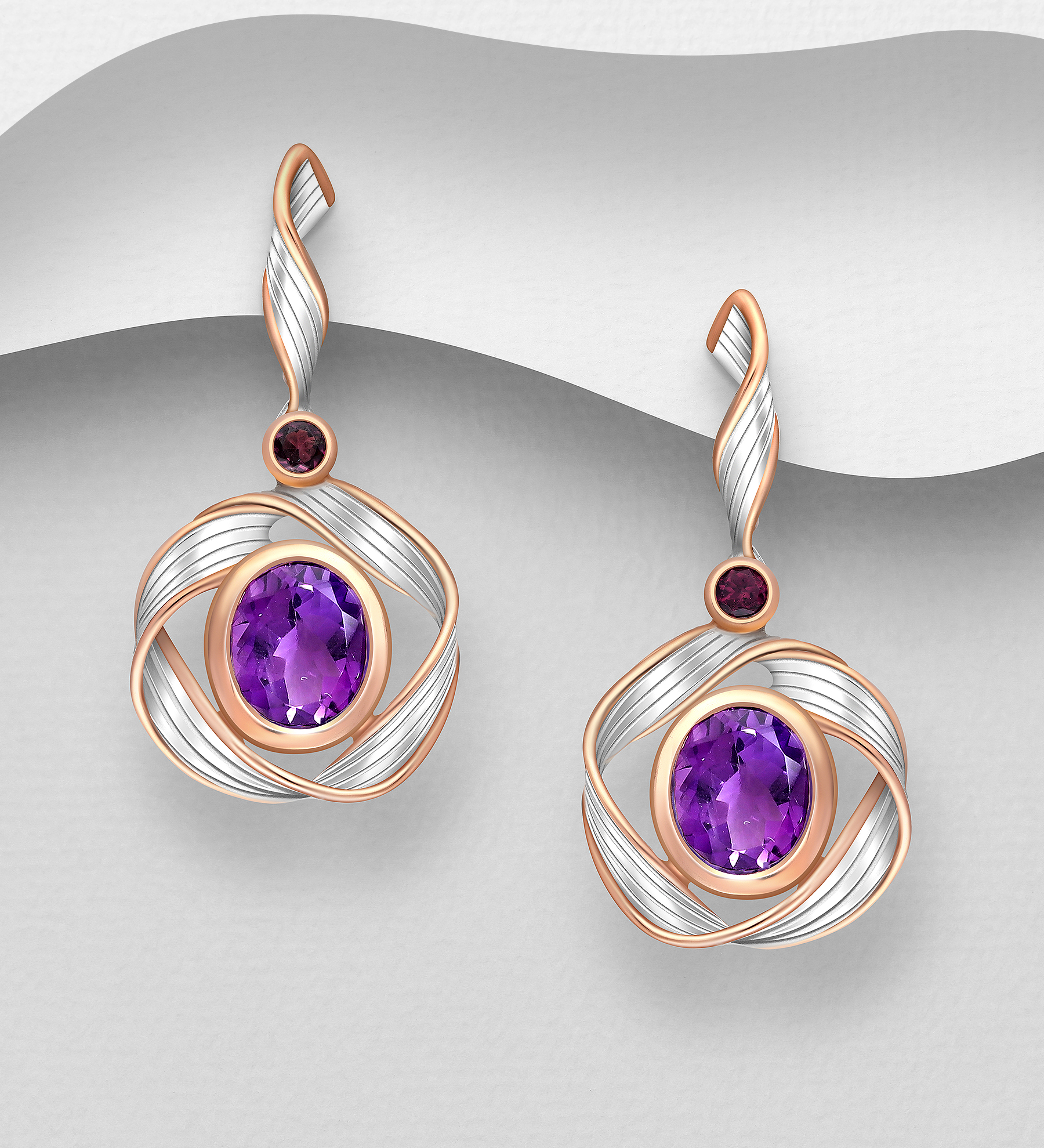 ADIORE JEWELS - Wholesale 925 Sterling Silver Push-Back Earrings, Decorated with Amethyst and Rhodolite, Plated with 3 Micron 22K Pink Gold - SKU #1916-546