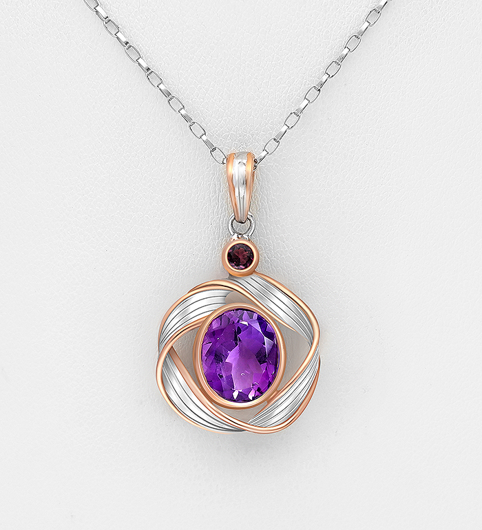 ADIORE JEWELS - Wholesale 925 Sterling Silver Necklace, Decorated with Amethyst and Rhodolite, Plated with 3 Micron 22K Pink Gold - SKU #1916-547