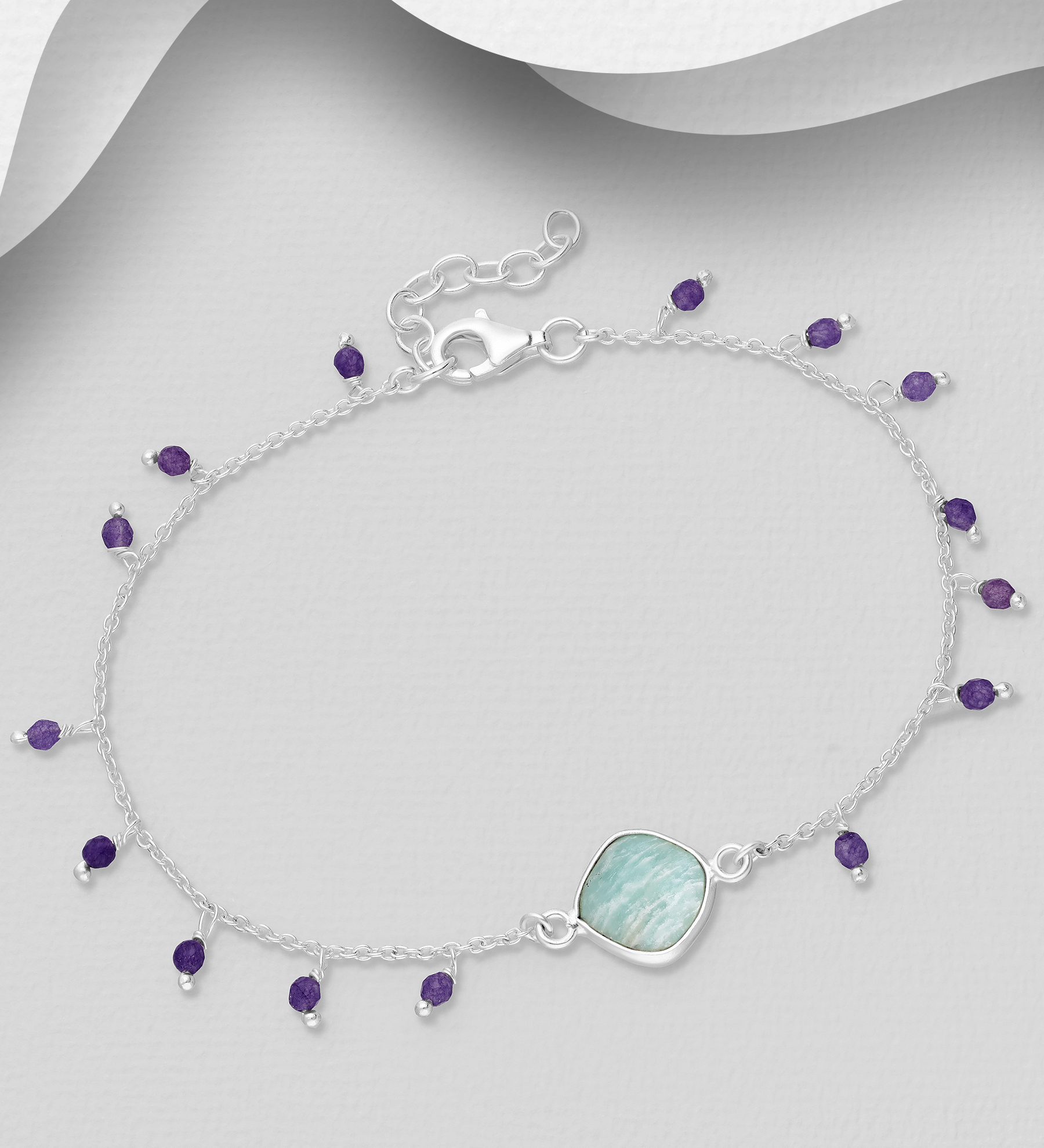 Wholesale 925 Sterling Silver Bracelets, Beaded with Amazonite and Amethyst - SKU #1063-4635