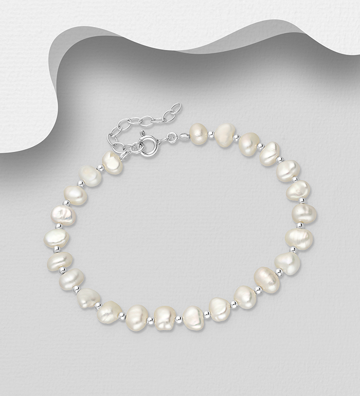 Wholesale 925 Sterling Silver Bracelet, Beaded with Freshwater Pearls - SKU #382-6503