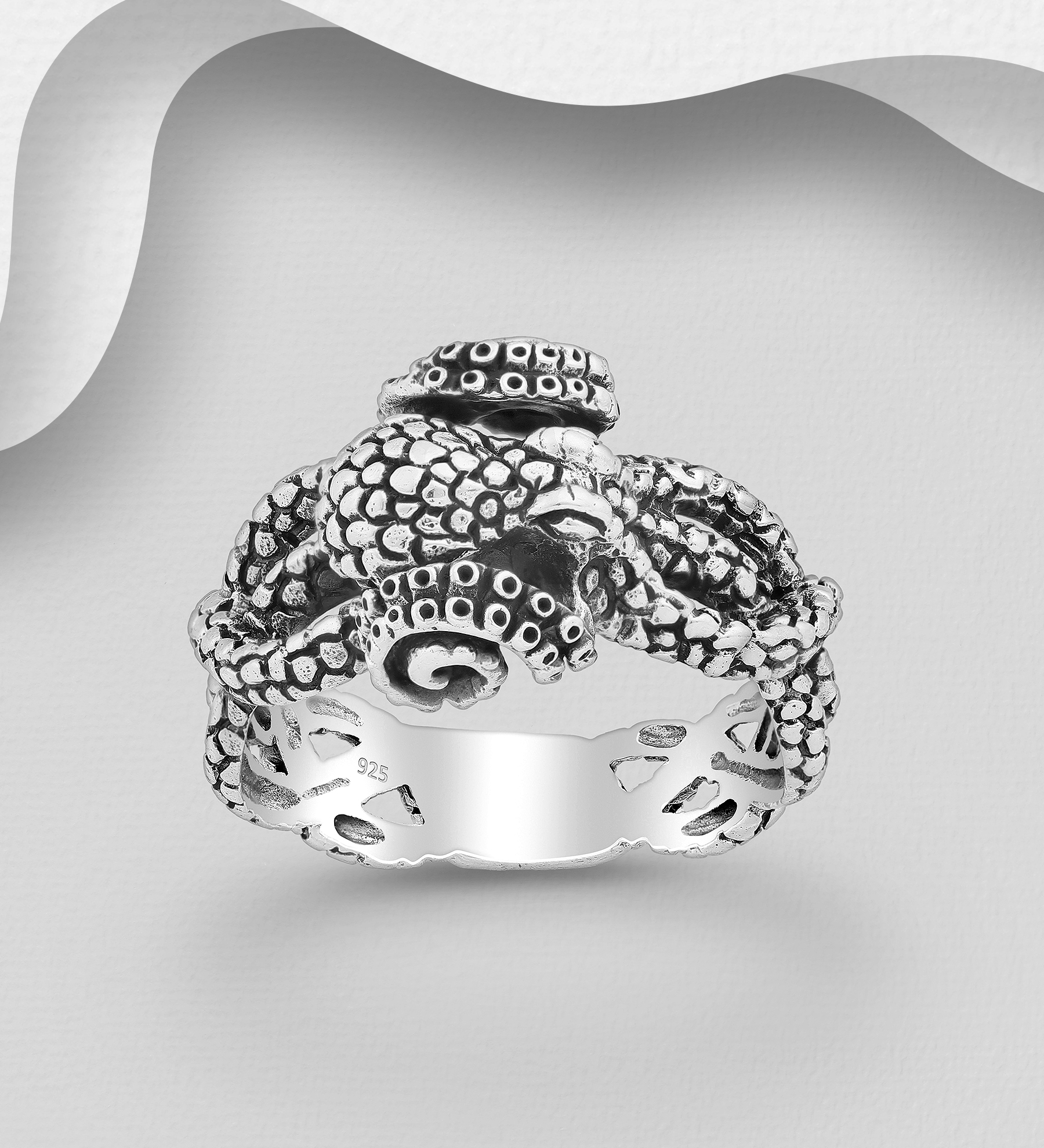Wholesale 925 Sterling Silver Oxidized Octopus Ring - SKU #706-38282