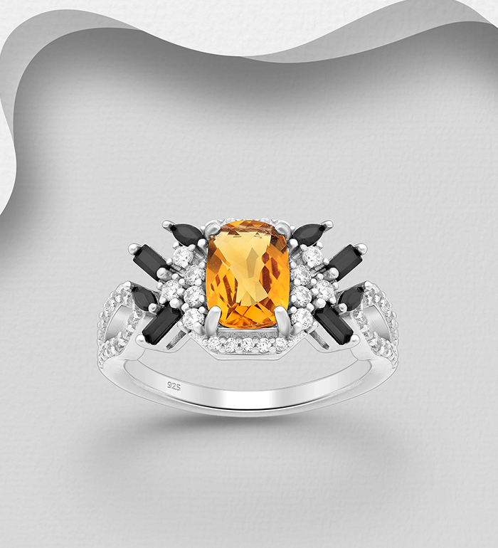La Preciada - Wholesale 925 Sterling Silver Ring, Decorated with Citrine, Black Spinel and CZ Simulated Diamonds - SKU #1181-4986