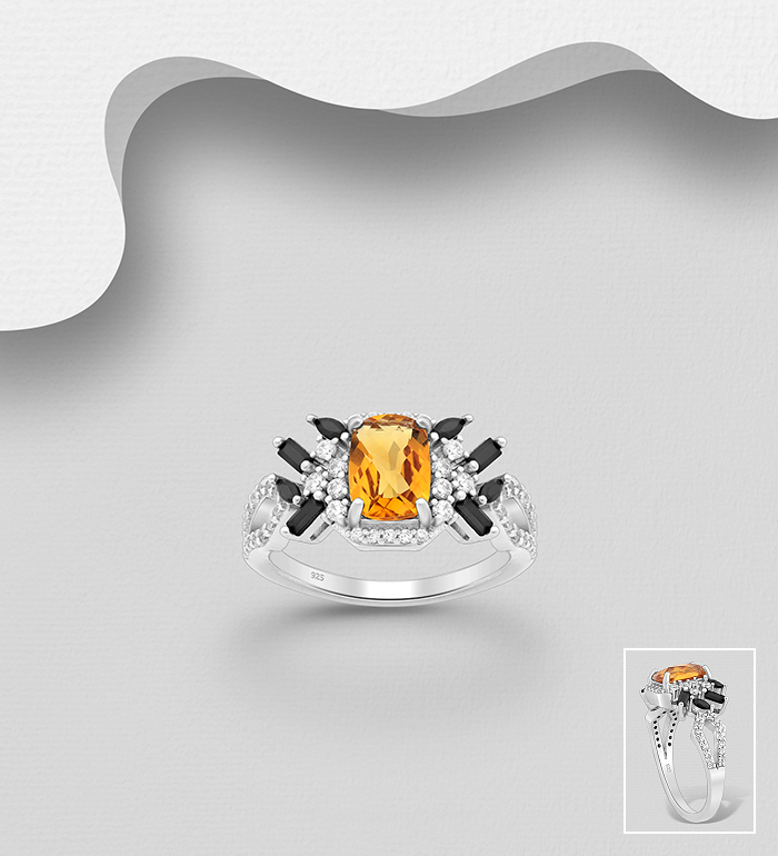La Preciada - Wholesale 925 Sterling Silver Ring, Decorated with Citrine, Black Spinel and CZ Simulated Diamonds - SKU #1181-4986