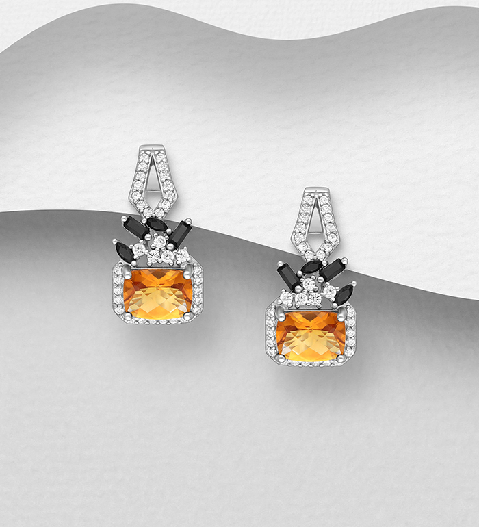 La Preciada - Wholesale 925 Sterling Silver Omega Lock Earrings, Decorated with Citrine, Black Spinel and CZ Simulated Diamonds - SKU #1181-4987