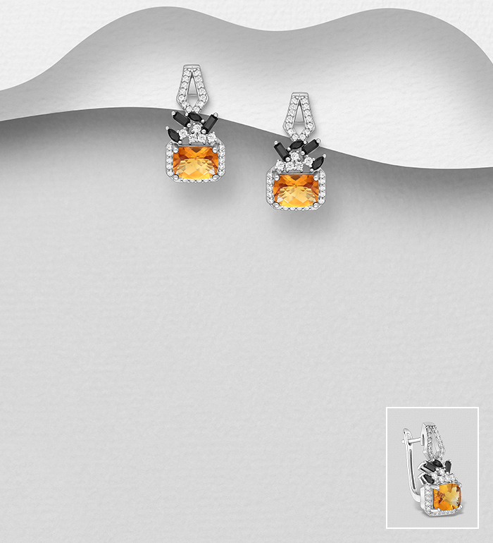 La Preciada - Wholesale 925 Sterling Silver Omega Lock Earrings, Decorated with Citrine, Black Spinel and CZ Simulated Diamonds - SKU #1181-4987