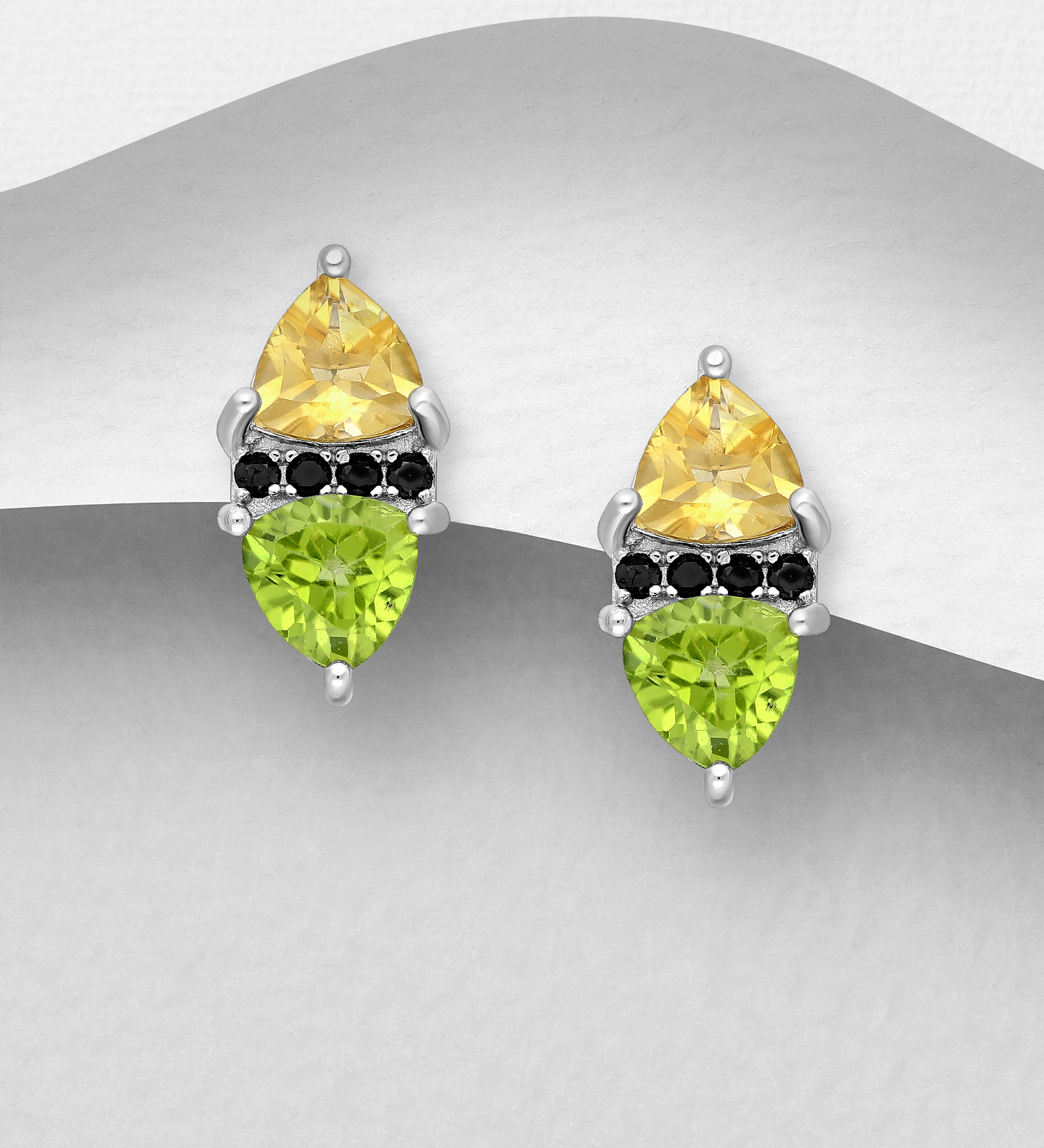 La Preciada - Wholesale 925 Sterling Silver Omega Lock Earrings, Decorated with Citrine, Peridot and Black Spinel - SKU #1181-4997
