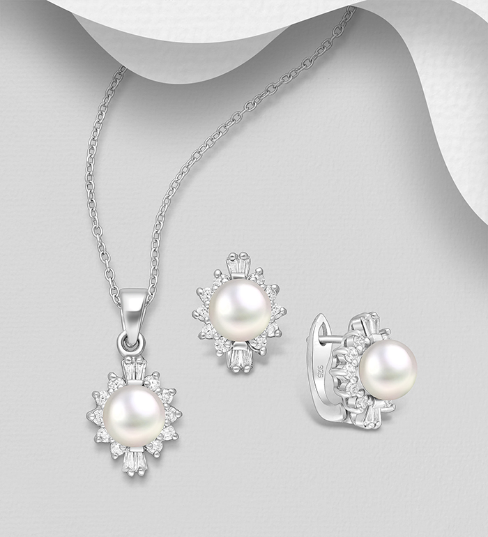 Wholesale 925 Sterling Silver Push-Back Earrings and Pendant Jewelry Set, Decorated with Freshwater Pearls and CZ Simulated Diamonds - SKU #382-6508