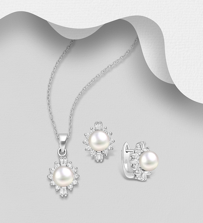 Wholesale 925 Sterling Silver Push-Back Earrings and Pendant Jewelry Set, Decorated with Freshwater Pearls and CZ Simulated Diamonds - SKU #382-6508