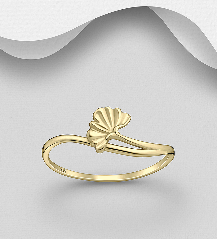 Wholesale 925 Sterling Silver Ginkgo Leaf Ring, Plated with 1 Micron 14K Yellow Gold - SKU #1063-4392A