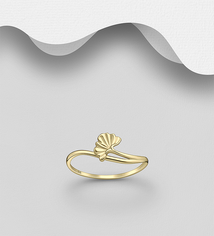 Wholesale 925 Sterling Silver Ginkgo Leaf Ring, Plated with 1 Micron 14K Yellow Gold - SKU #1063-4392A
