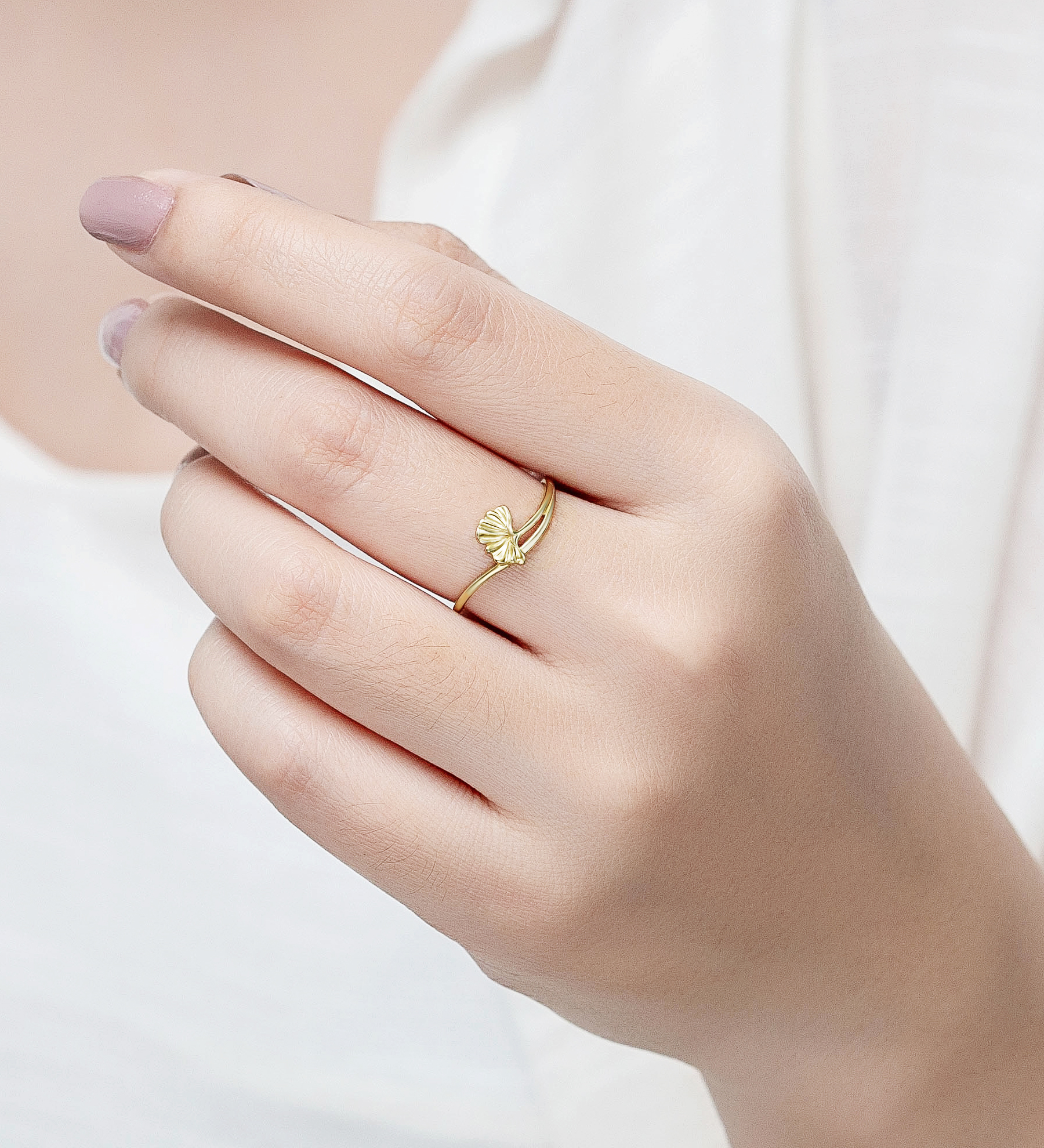 Wholesale 925 Sterling Silver Ginkgo Leaf Ring, Plated with 1 Micron 14K Yellow Gold - SKU #1063-4392A