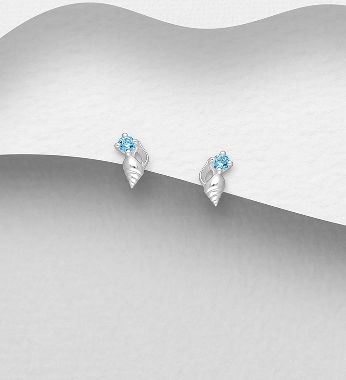 Wholesale 925 Sterling Silver Shell Push-Back Earrings, Decorated with CZ Simulated Diamonds - SKU #1063-4670