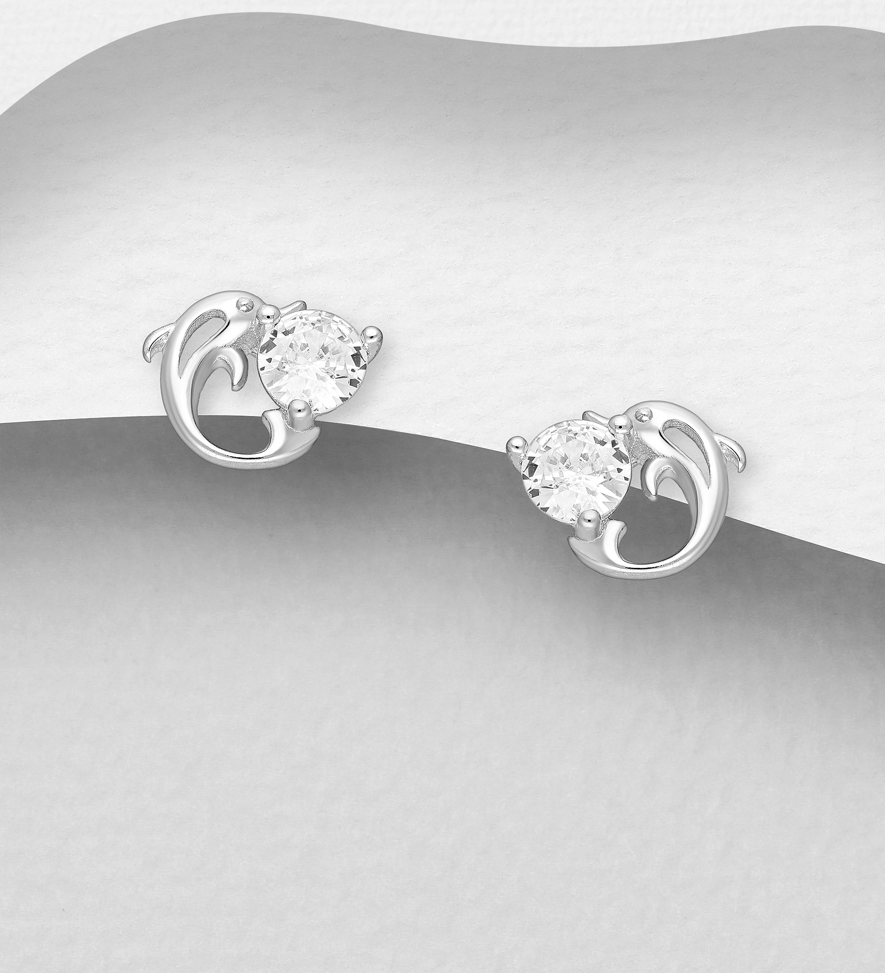 Wholesale 925 Sterling Silver Dolphin Push-Back Earrings, Decorated with CZ Simulated Diamonds - SKU #701-29783