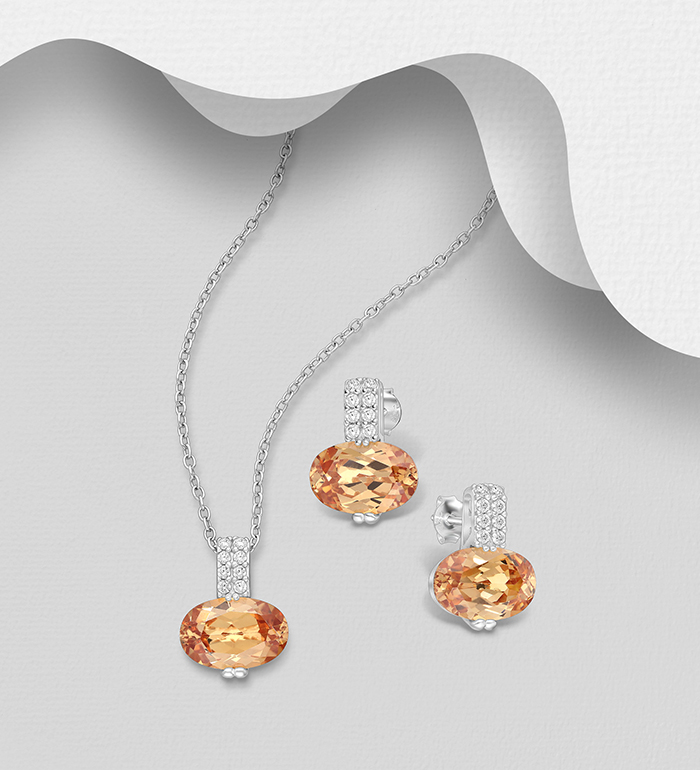 Wholesale 925 Sterling Silver Push Back Earrings and Pendant Jewelry Set, Decorated with CZ Simulated Diamonds - SKU #848-1616