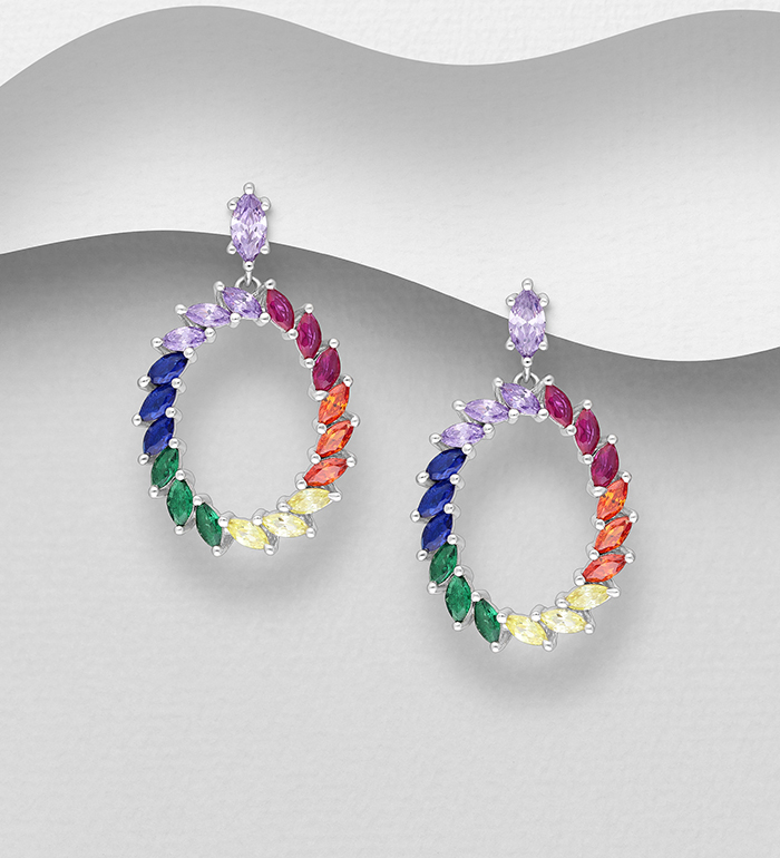 Wholesale 925 Sterling Silver Push-Back Earrings, Decorated with Colorful CZ Simulated Diamonds - SKU #701-29807A