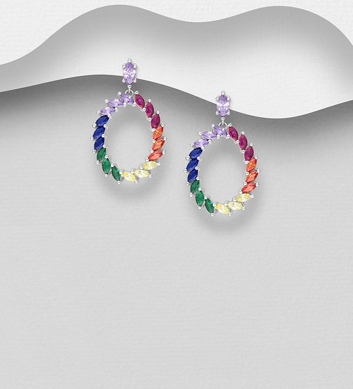 Wholesale 925 Sterling Silver Push-Back Earrings, Decorated with Colorful CZ Simulated Diamonds - SKU #701-29807A