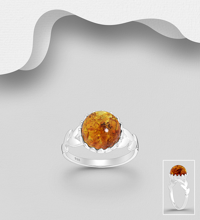 Wholesale 925 Sterling Silver Ring, Decorated with Baltic Amber - SKU #883-8771