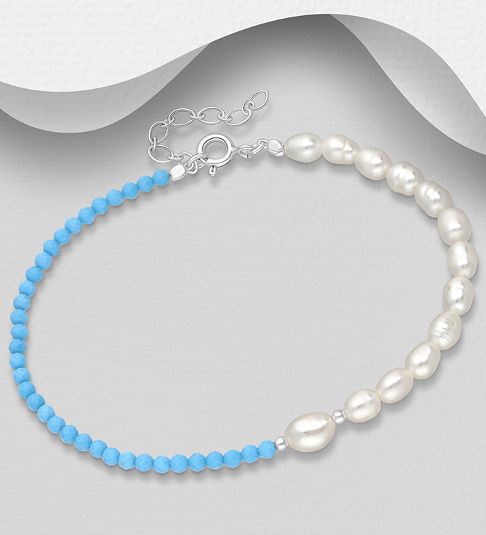 Wholesale 925 Sterling Silver Bracelet, Beaded with Freshwater Pearls and Crystal Glass - SKU #382-6533