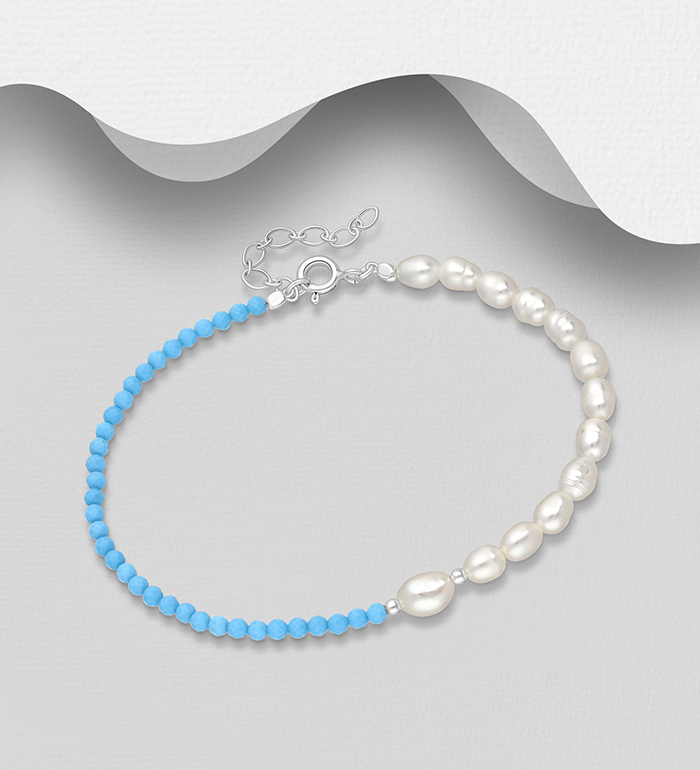 Wholesale 925 Sterling Silver Bracelet, Beaded with Freshwater Pearls and Crystal Glass - SKU #382-6533