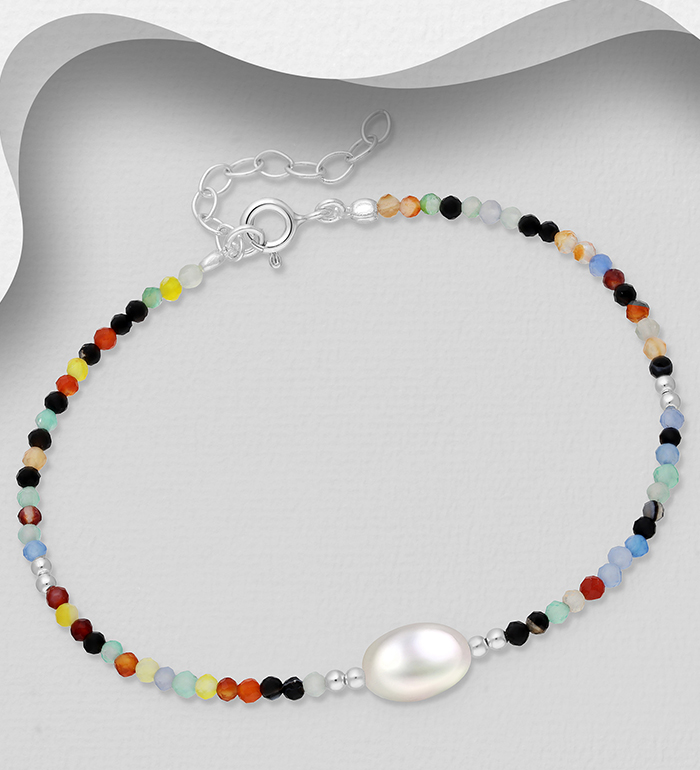 Wholesale 925 Sterling Silver Bracelet, Beaded with Freshwater Pearl, Black Obsidian and Multi Quartz - SKU #382-6536